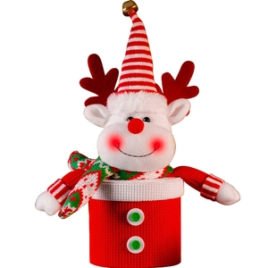 Christmas reindeer knitted candy jar with red hat and green scarf on white background