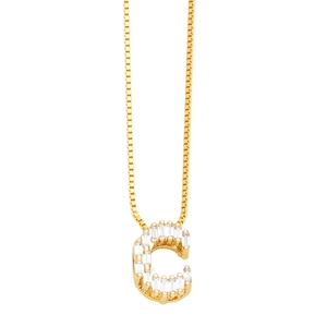 Golden box chain necklace with letter C pendant featuring sparkling rectangular zircon stones