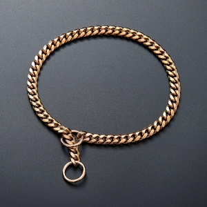 Detail view of 10mm rose gold Cuban link pet collar with a round metal clasp