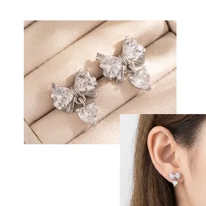 Heart Bowknot Pendant Ear Cartilage Stud Titanium Steel Screw Back Helix Piercing Jewelry With Zircon Silver Color Elegant Niche