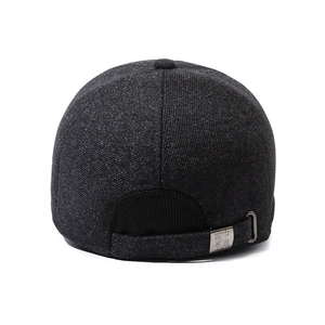 Rear view of winter baseball cap with dark grey wool texture and metal buckle