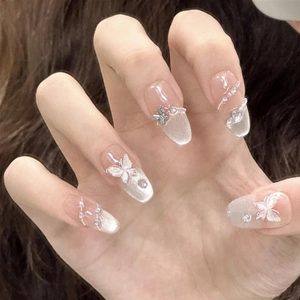 Press On Nails Long Almond Cat Eye Shimmer Butterfly Rhinestone Artificial Pearl Chain Elegant Fake Nails For Women