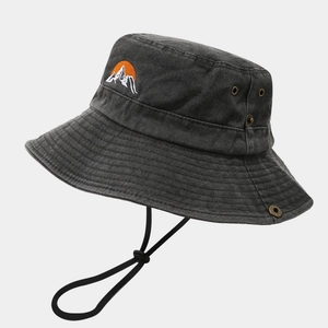 Outdoor sun hat with mountain embroidery and wide brim for hiking or fishing