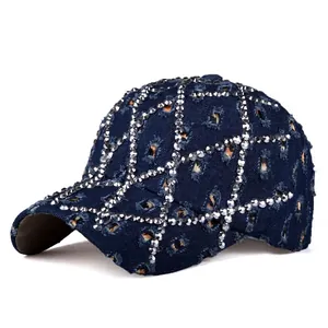 Berretto da Baseball in Denim Distressed Vintage per Uomo Donna con Strass Strappato Regolabile Cappello da Sole Sportivo