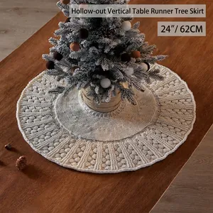 Christmas Tree Skirt Knitted Acrylic Hollow Weave Round Mat Pattern Mini Holiday Floor Decor Pom Pom Ties
