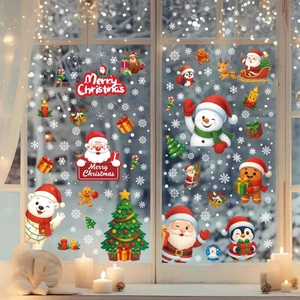 Christmas window static stickers featuring Santa, snowman, and reindeer festive designs