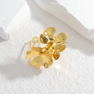 Polished gold flower ring with double floral design and adjustable open band for women
