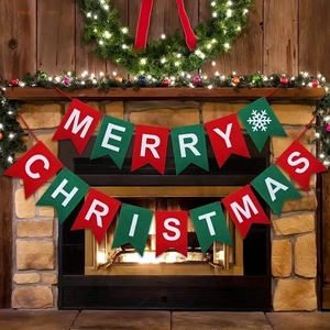Red and green felt Merry Christmas banner with snowflake designs for holiday party decor