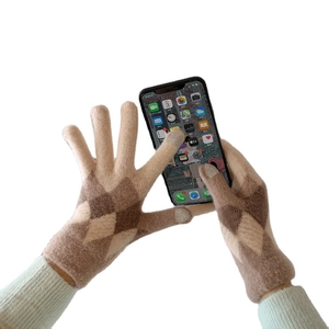 Beige knitted touch screen gloves with brown diamond pattern for winter outdoor use