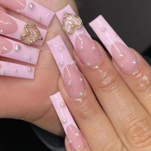 Press On Nails French Pink Long Coffin Heart Rhinestone White Artificial Pearl Sweet Elegant Luxury Style For Women