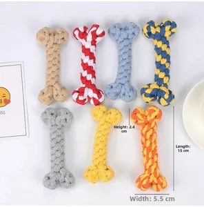 Detailed view of 15cm cotton bone dog toys in seven colors for dental health and chewing