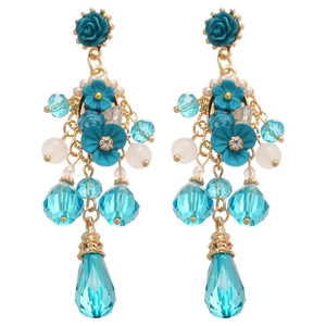 Boucles d'oreilles fleurs bohèmes avec roses turquoise, cristaux bleus et perles