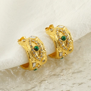 Chic gold-plated titanium steel earrings with green malachite and zircon accents