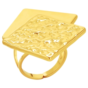 Polished 18K gold plated stainless steel open ring with a hammered geometric square texture