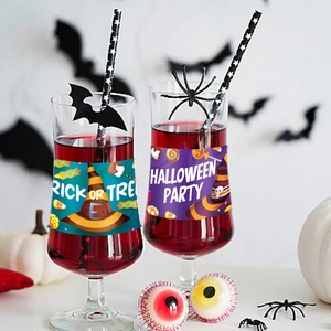 Halloween party bottle labels featuring Trick or Treat slogans and spooky illustrations
