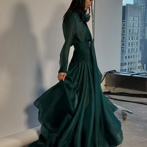 Dunkelgrünes Organza Langarmhemd Mit Schleife Und Gesmokter Netz Maxirock Elegantes Vintage Outfit Damen