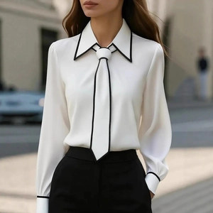 Chemisier blanc chic à manches longues avec bords noirs contrastés et cravate assortie