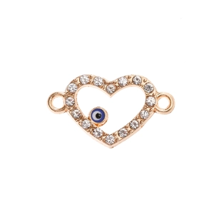 Gold heart evil eye pendant with sparkling white rhinestones and blue center for jewelry DIY