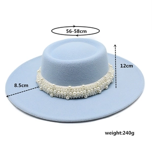 Detailed size chart for light blue flat top boater hat with pearl trim and 8.5cm brim