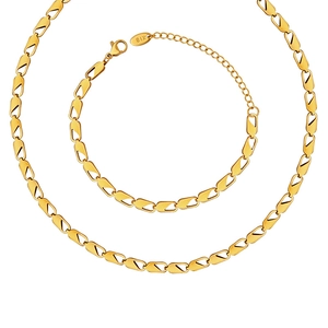18K gold plated hollow geometric link necklace and bracelet jewelry set on white background