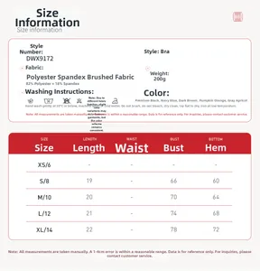 Guide des tailles pour ensembles de yoga avec dimensions de brassières en cinq couleurs