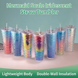 Mermaid Fish Scale Straw Cup Double Layer Plastic Glitter Tumbler Iridescent Gradient Water Bottle Portable Leakproof