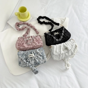 Fashionable ruched cloud bags in four colors with stylish metal chains and floral accents