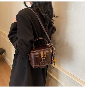 Detail of a dark brown mini leather box bag with gold metal hardware and zipper