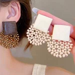 Vintage geometric wooden square earrings with white and brown circular bead accents