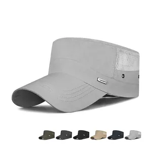 Men Cadet Cap Flat Top Hat Breathable Mesh Side Sun Protection Quick Dry Adjustable Outdoor Leisure Metal Label