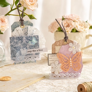 Vintage relief texture material paper tags with lace and butterflies for scrapbooking