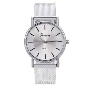 Minimalist quartz watch with silver mesh band and white sunray dial for men and women