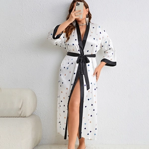 Plus Size Women Satin Robe Heart Print Contrast Piping Long Sleeve Belted Maxi Sleepwear Loungewear Imitation Satin