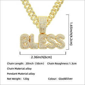 Iced Out BLESS Buchstabenanhänger Halskette mit 50cm goldener Gliederkette für Herren