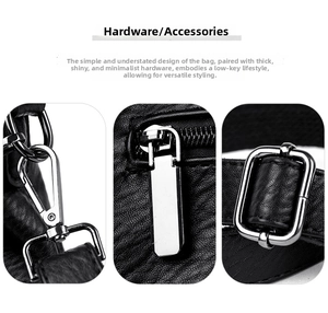 Detailed close-up of glossy alloy hardware hooks and zippers on black leather bag