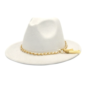 Vintage Fedora Hut Breite Krempe Wollfilz Goldkette Künstliche Perlenband Quaste Eleganter Britischer Stil Jazz Kappe