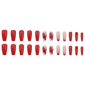 Elegant red ballerina fake nails with glitter French tips and butterfly nail art designs