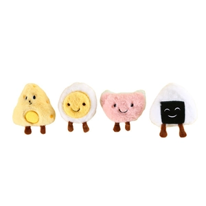 Plush food pet toys featuring fried egg, sushi rice ball, and heart shape designs