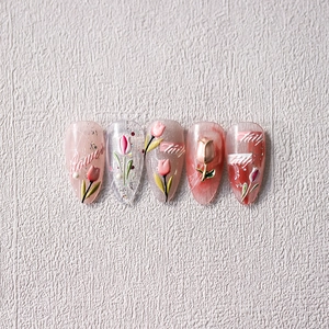 5D-geprägte Tulpen-Nagelaufkleber mit rosa 3D-Reliefkunst und Blumenmustern