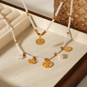 Double-layer pearl necklace set with vintage gold sun and rose flower pendants