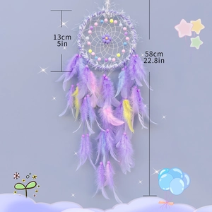 Purple dream catcher wall decor with macaron beads and soft feathers 13cm diameter