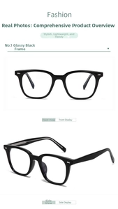 Vista frontal y lateral de montura de gafas cuadrada negra con remaches plateados