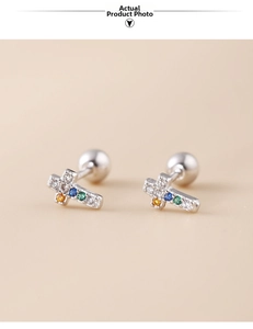 Detailed view of 925 silver cross stud earrings with colorful gemstones and screw backs
