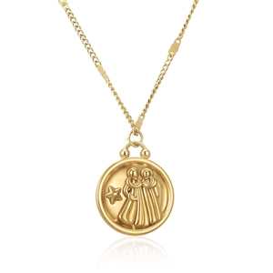 Gold plated stainless steel Gemini zodiac coin pendant necklace with a fine curb chain