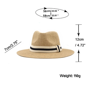 Classic straw fedora sun hat with black and white striped ribbon and 7cm wide brim