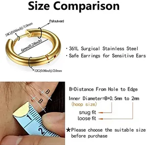 Size chart for 316L gold stainless steel hoop earrings with 2mm thickness and 6mm diameter