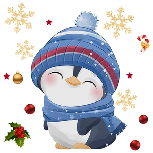 Close-up of cute cartoon penguin sticker with blue winter hat and scarf for Christmas decor