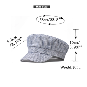 Detailliertes Größendiagramm der blau-weißen Newsboy-Mütze mit 58 cm Kopfumfang