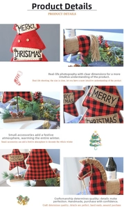 Detail of red and black plaid fabric Christmas tree and star ornaments with wooden base