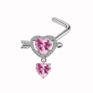 Silver heart and arrow nose stud with pink heart-shaped gemstones on white background